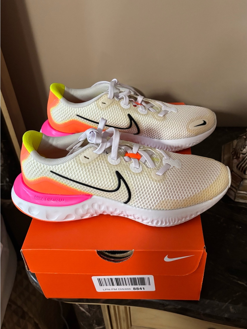 Nike Kids White Mesh Sneakers with Neon Pink & Lime Heel Accents